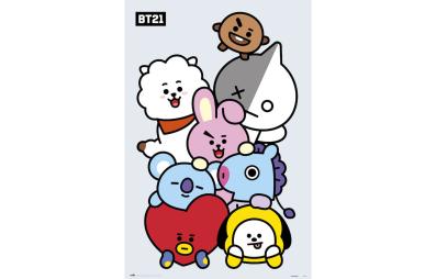 Bild på musmatta Poster BT21 - Karaktärerna i färgen Grå, Röd, Gul, Vit, Blå, Rosa från BT21 mot vit bakgrund.