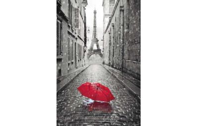 Bild på musmatta Poster Paris Rött paraply i färgen Röd, Grå mot vit bakgrund.