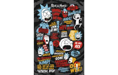 Bild på musmatta Poster Rick & Morty citat i färgen Röd, Blå, Svart, Gul från Rick & Morty mot vit bakgrund.