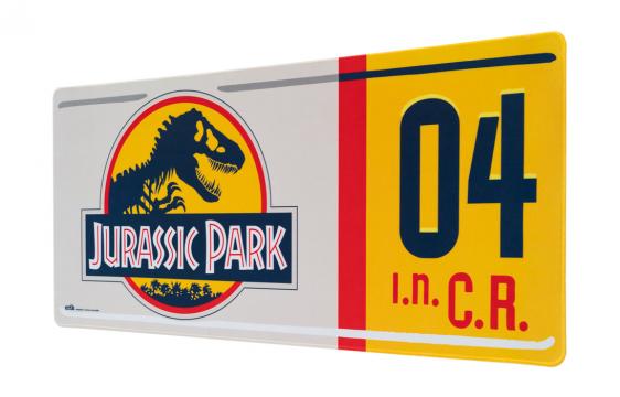 Bild på musmatta Jurassic Park XL i färgerna Röd, Svart, Gul och Vit från Jurassic Park mot vit bakgrund.