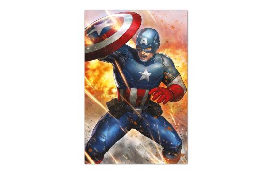 Bild på musmatta Poster Captain America Under fire i färgen Blå, Röd, Gul, Vit från Marvel mot vit bakgrund.