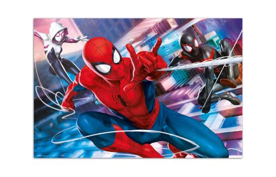 Bild på musmatta Poster Spiderman Peter, Miles och Gwen i färgen Röd, Blå, Vit från Marvel mot vit bakgrund.
